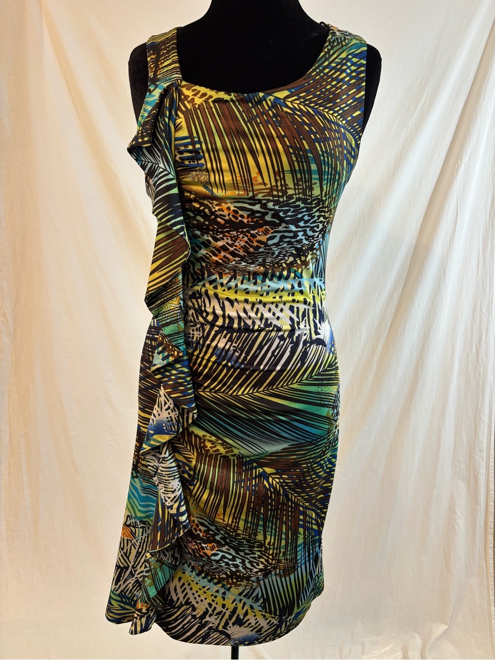 Tango Mango Tropical Palm Animal Print Ruffle Midi Dress Resort S Small
